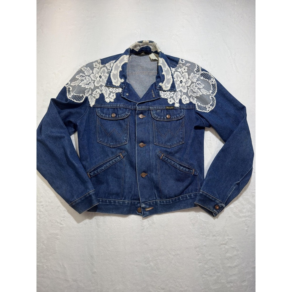 Wrangler Denim Jacket Womens 36 Blue‎ Lace Floral Western Short Jean Jacket